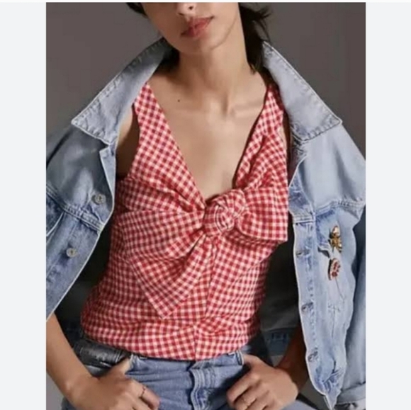 Anthropologie Red White Eva Franco Gingham Bow Sleeveless Top medium - Picture 2 of 12